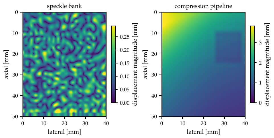 Representative ground-truth displacement fields from the speckle bank and the compression pipeline.
