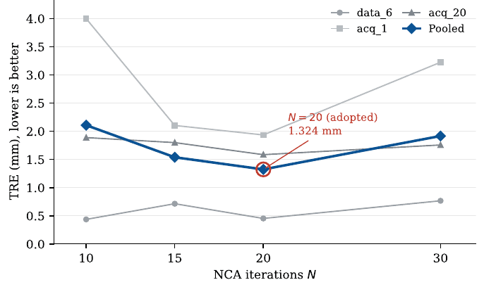 Iteration count N against pooled TRE, showing N = 20 as the adopted setting.
